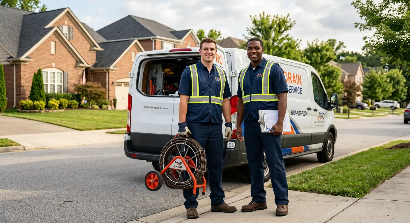 Sewer and drain service team with equipment ready for work in Whitney