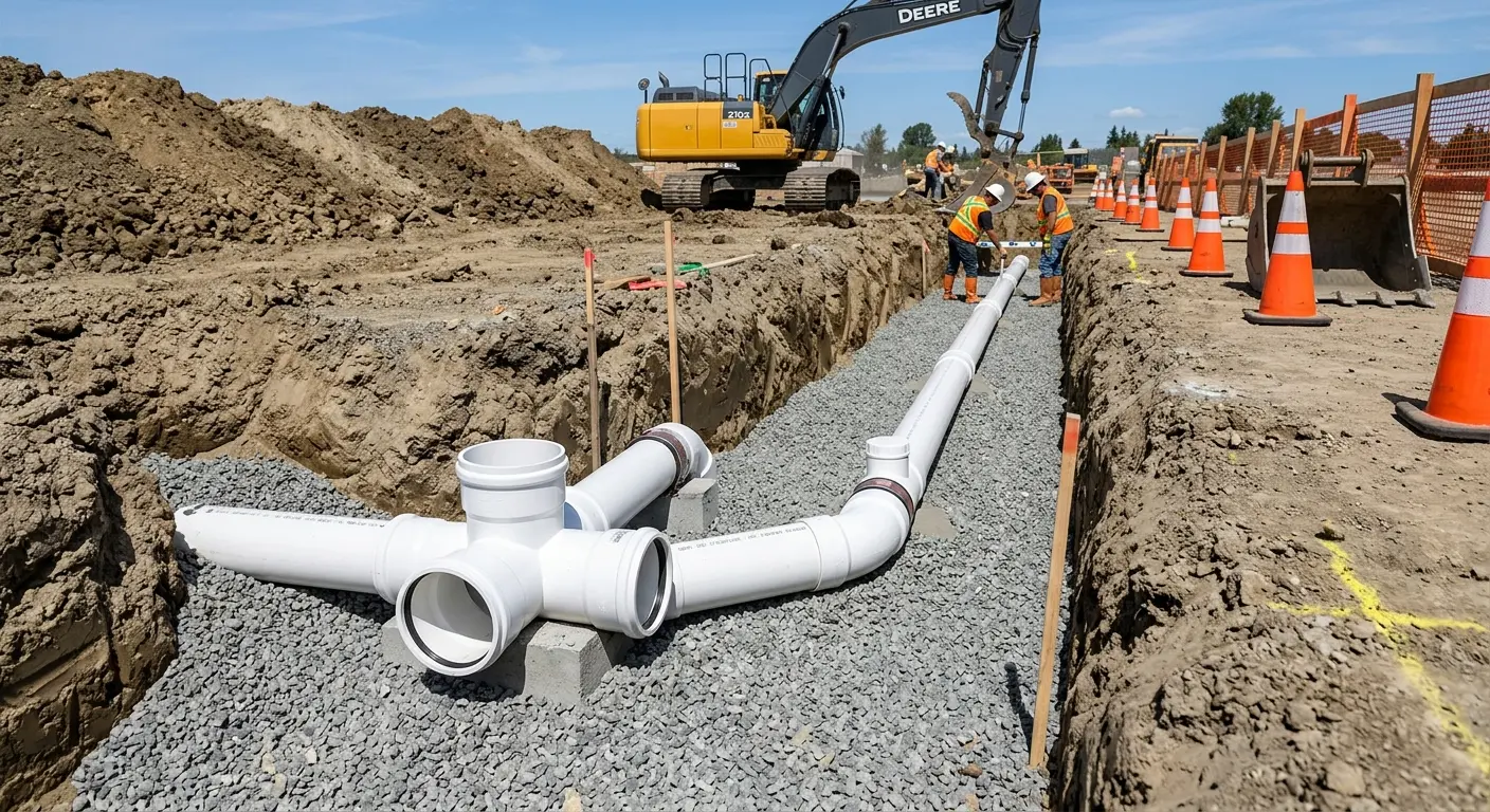 New PVC sewer pipe installation in open trench for Grease Trap Cleaning in Whitney