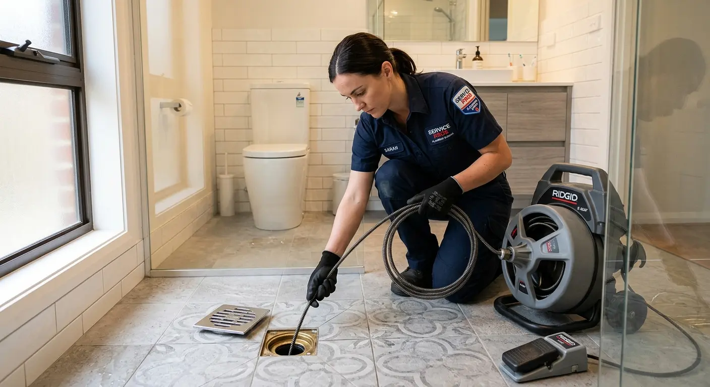 Technician clearing a bathroom floor drain for Sewer Line Installation in Whitney